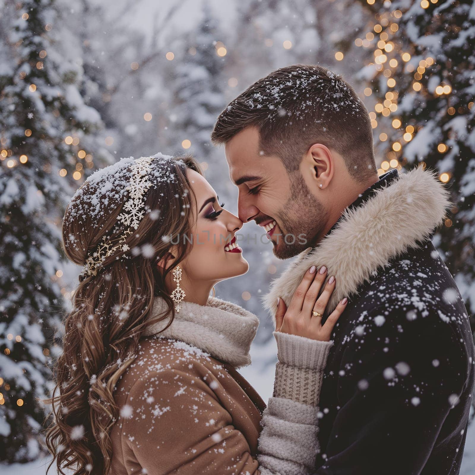 A couple shares a joyful moment in a snowy winter landscape, surrounded by sparkling lights and festive trees.
