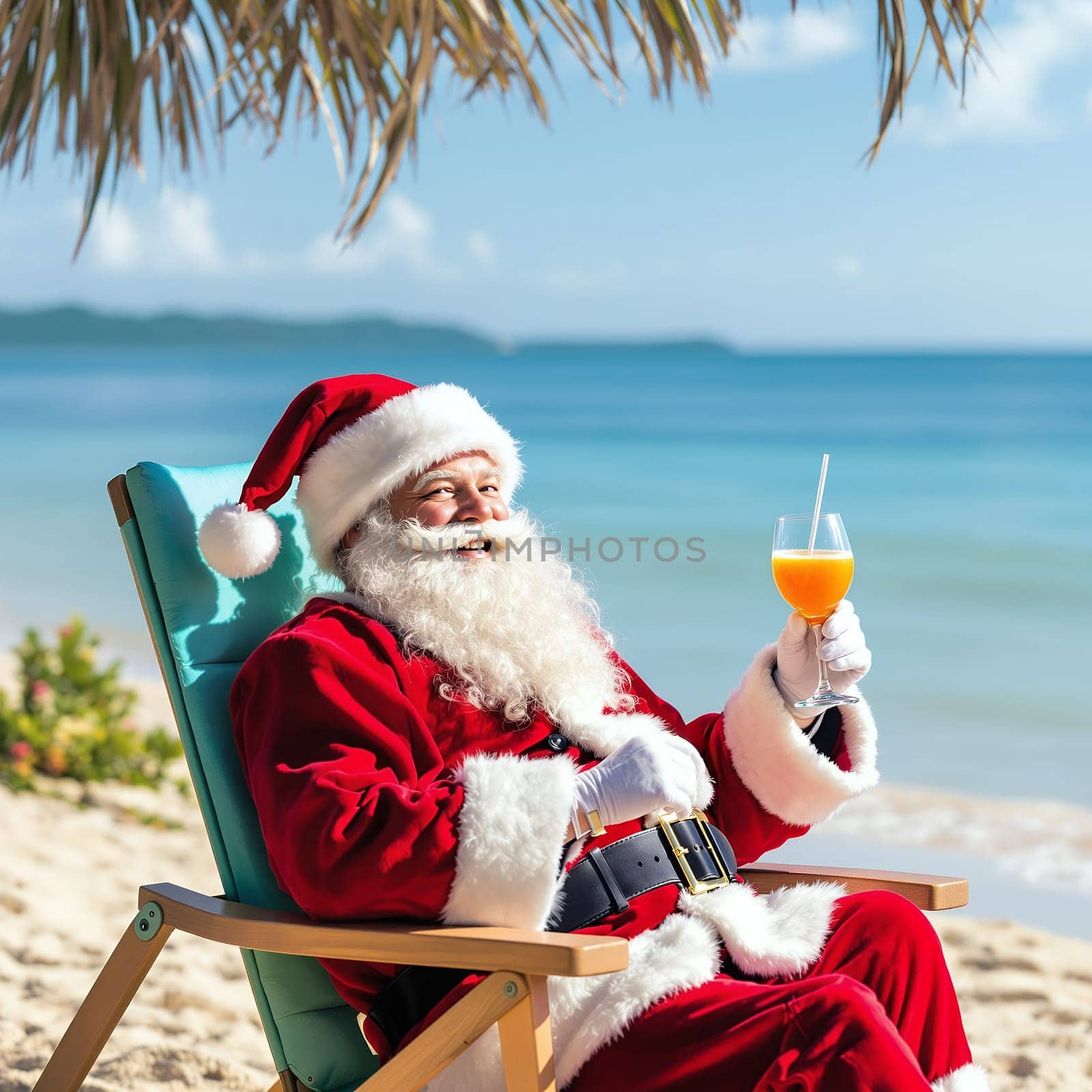 Santa Claus in festive attire relaxing on a beach chair with a cocktail under palm trees by the ocean.