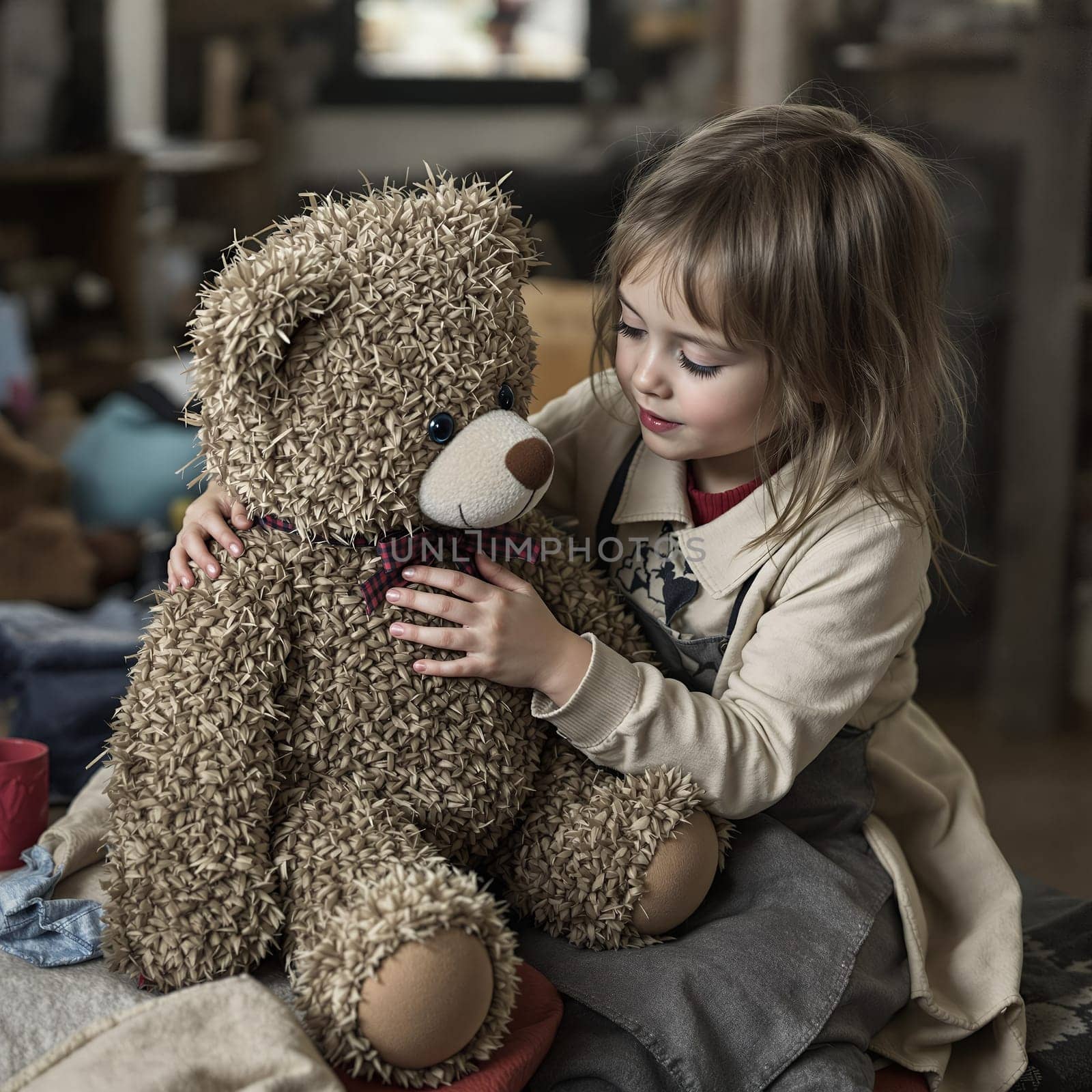 A young girl lovingly hugs a fluffy teddy bear in a cozy indoor setting, showcasing comfort and childhood innocence.
