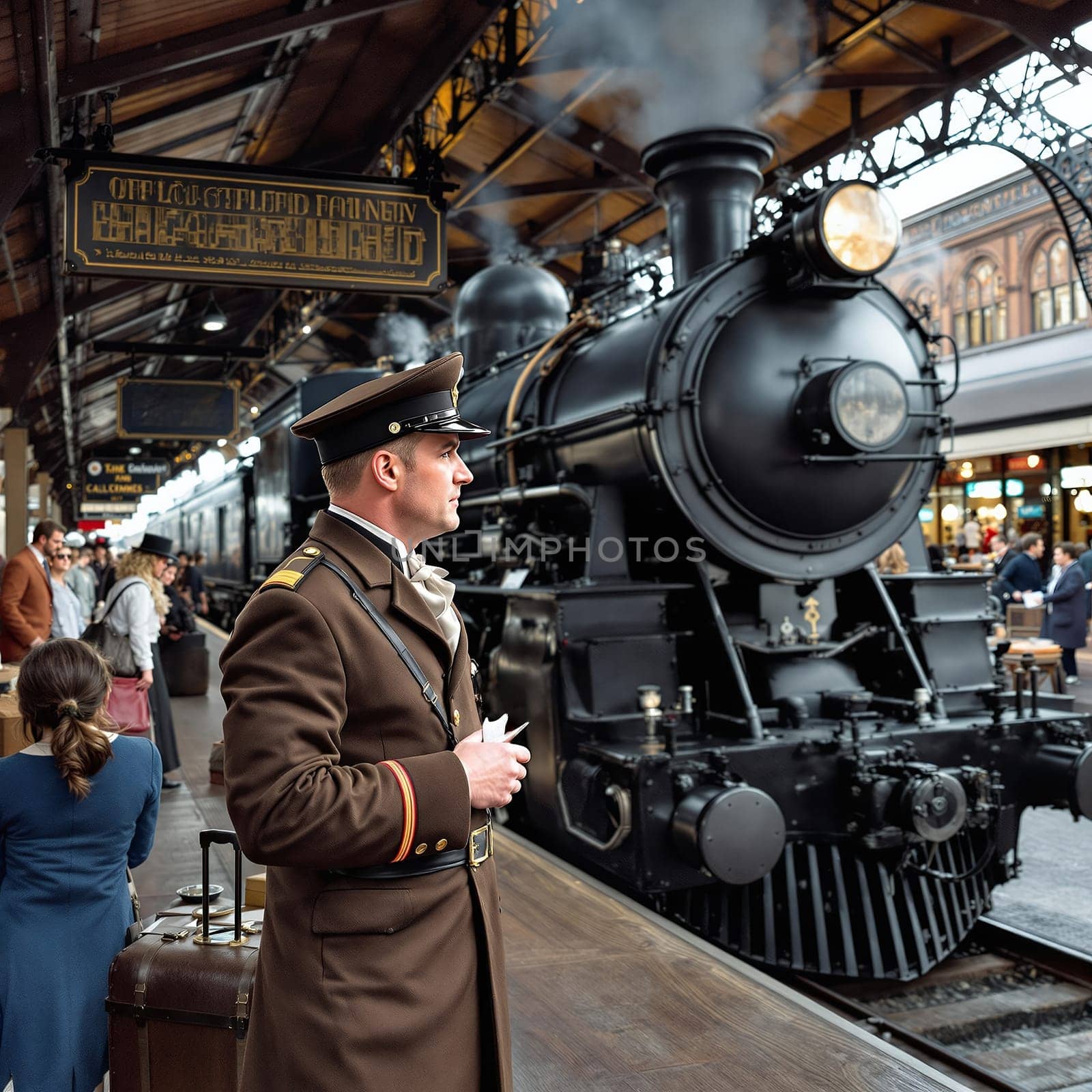A train conductor in a vintage uniform stands next to a steam locomotive at a historic station, surrounded by passengers and timeless ambiance.
