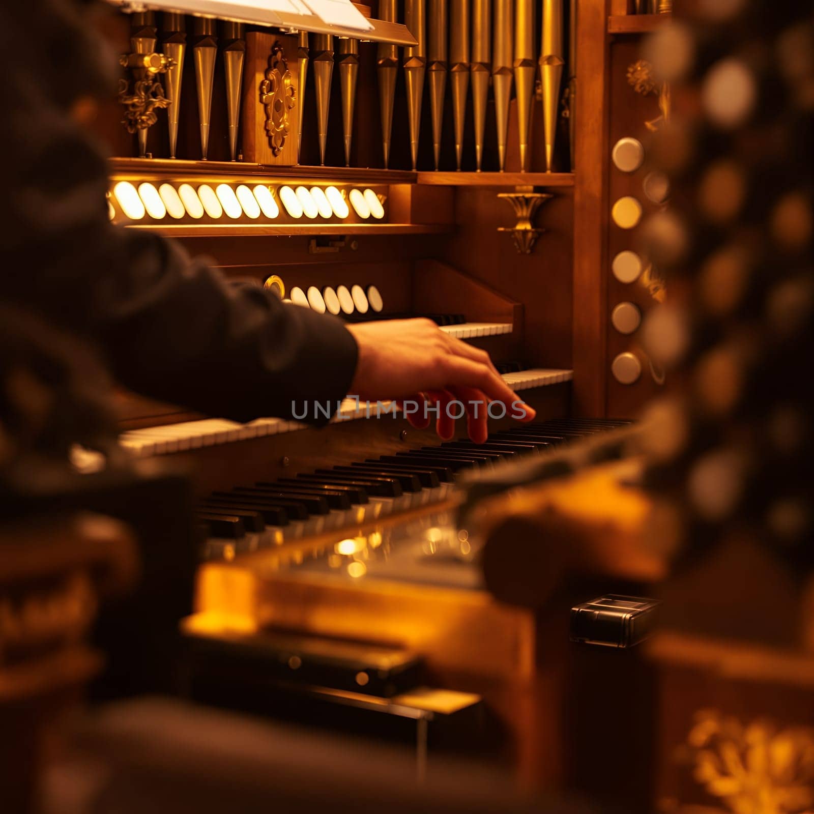 Close up of a musician's hand playing a classic pipe organ in a warm, golden lit setting, evoking tradition and craftsmanship.