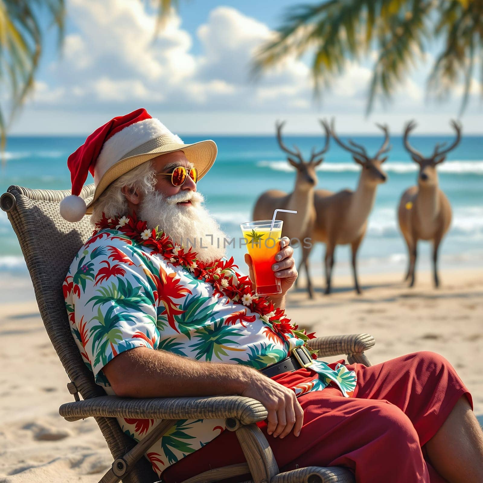 Santa Claus enjoying a tropical drink on the beach, surrounded by reindeer and festive decorations, blending Christmas cheer with summer vibes.