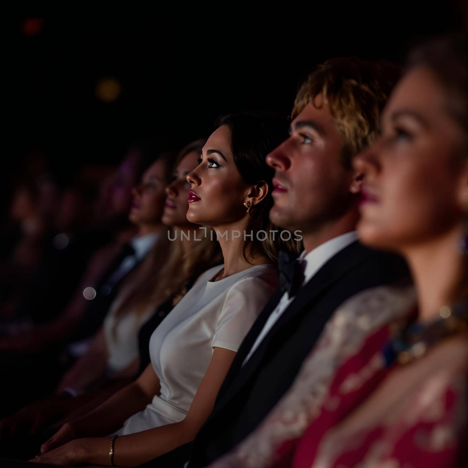 A group of elegantly dressed people attentively watching a performance in a dimly lit theater.