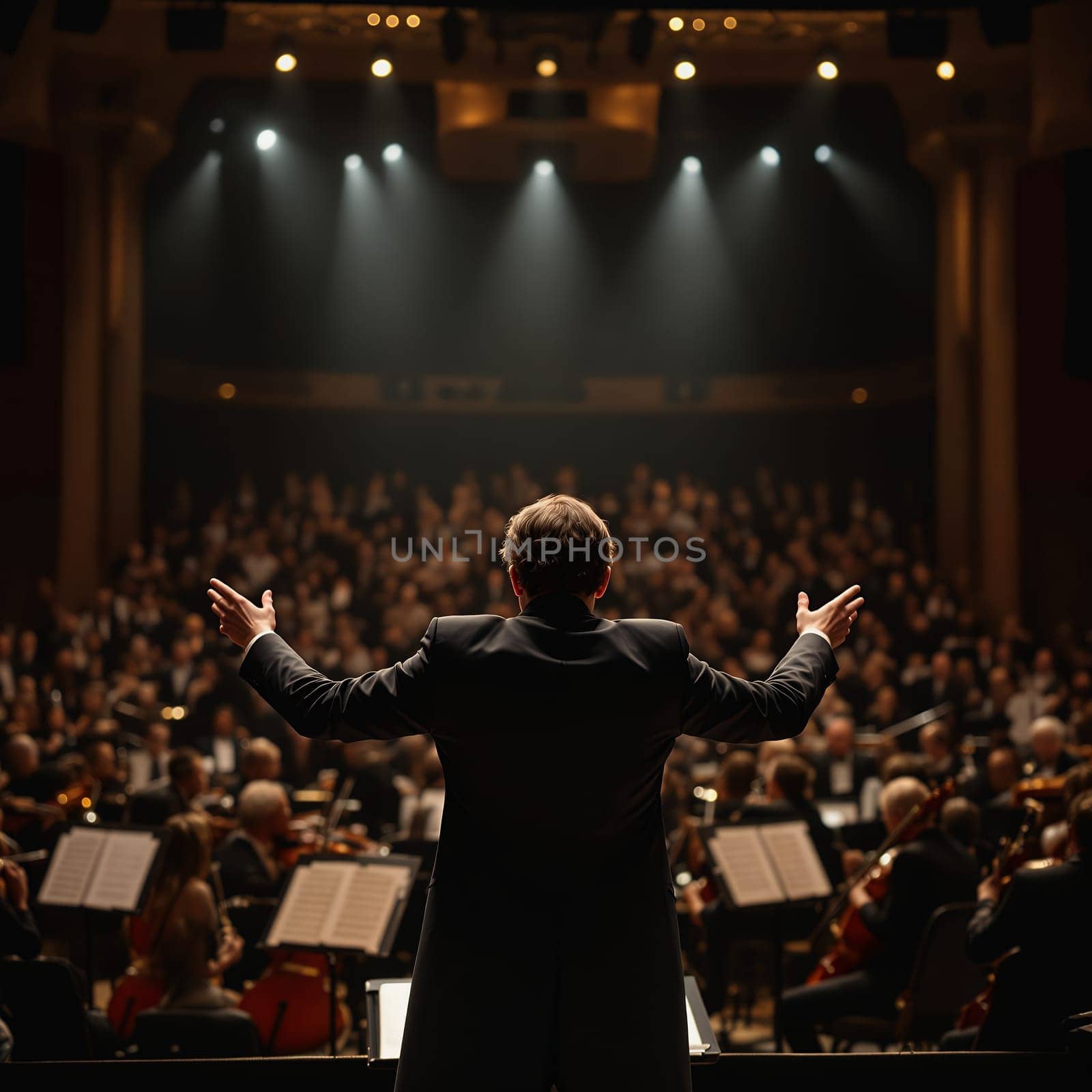 A conductor passionately leading an orchestra in an elegant concert hall with a captivated audience.