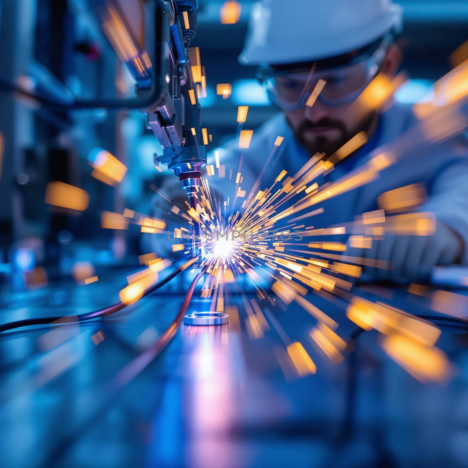 A close up of dynamic welding sparks in a high tech industrial setting, showcasing precision and innovation.