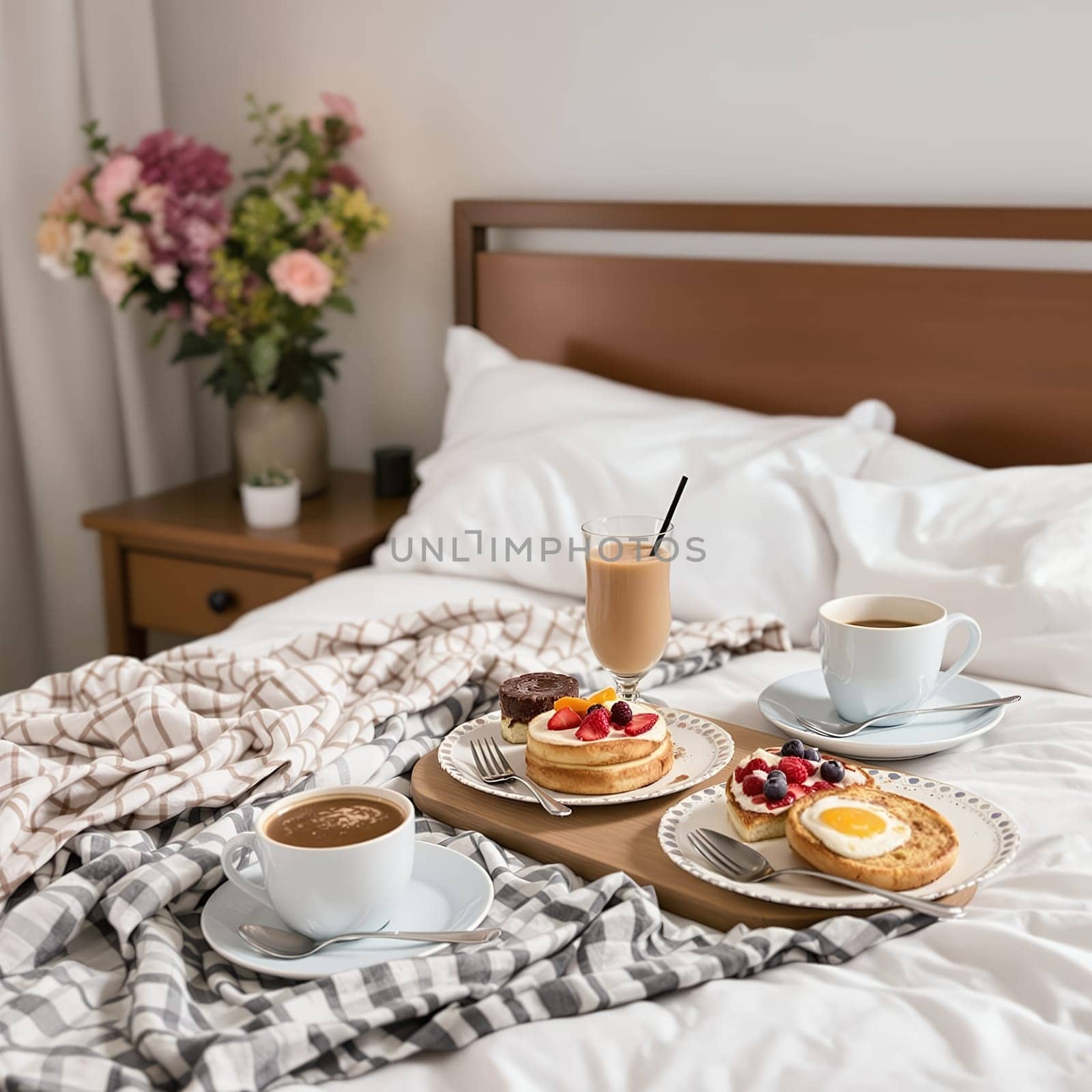 A tray with coffee, pancakes, and toast served on a cozy bed with fresh flowers in the background.