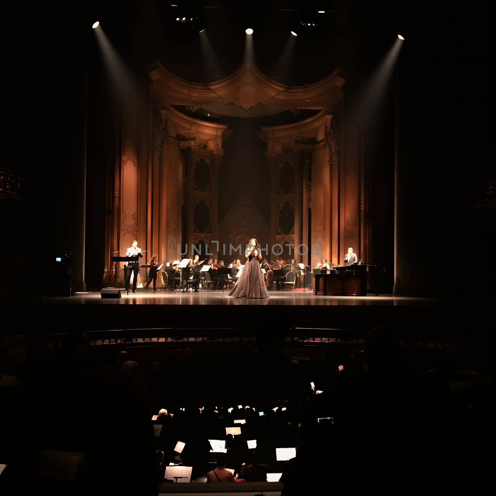 A grand opera performance with a singer and orchestra on a beautifully lit stage, captivating an audience in a dimly lit theater.
