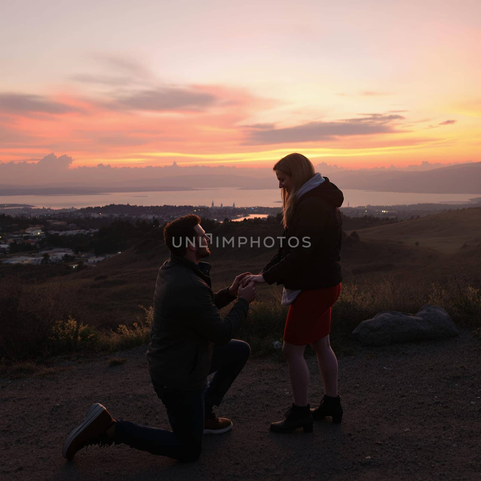 A man proposing to a woman at sunset on a hill, with a breathtaking view of the city and landscape in the background.