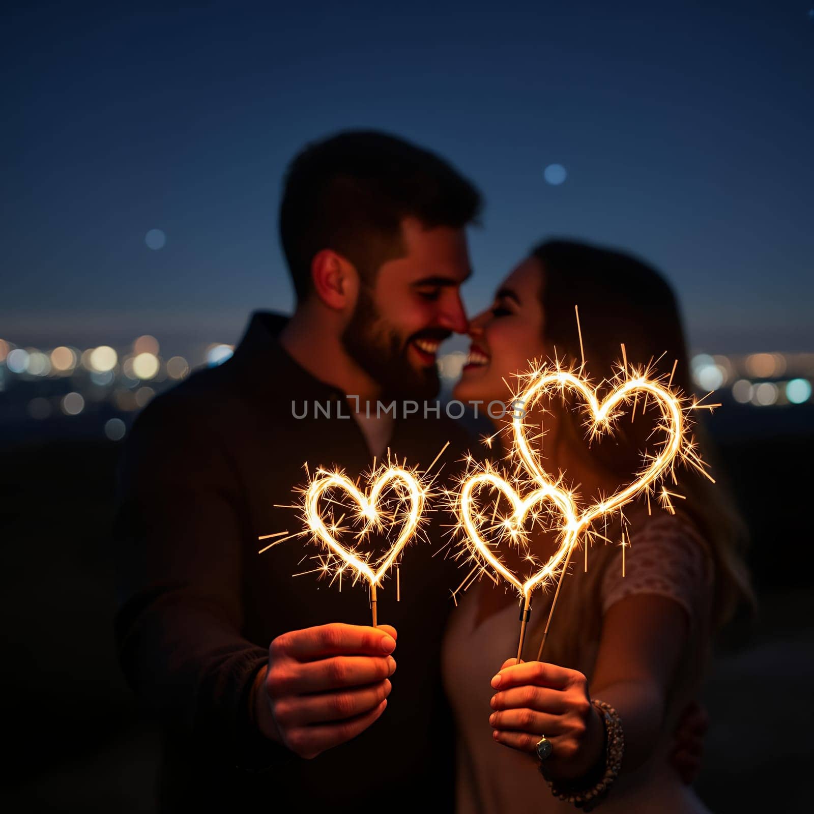 A happy couple enjoys a romantic moment with heart shaped sparklers, illuminated by city lights under a serene evening sky.
