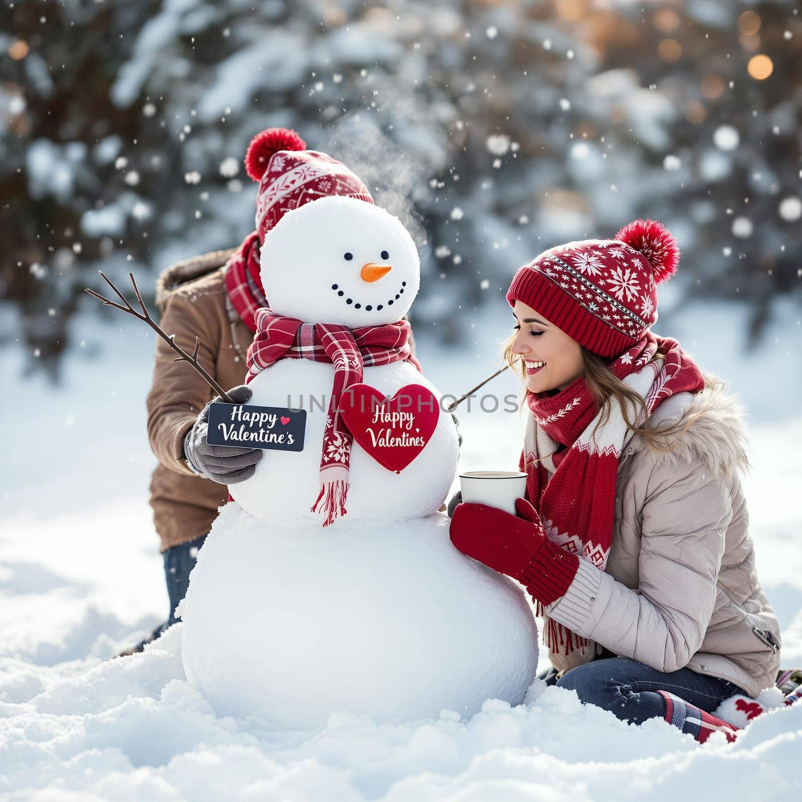 A cheerful snowman decorated with Valentine's hearts, with a woman enjoying a snowy winter day beside it.