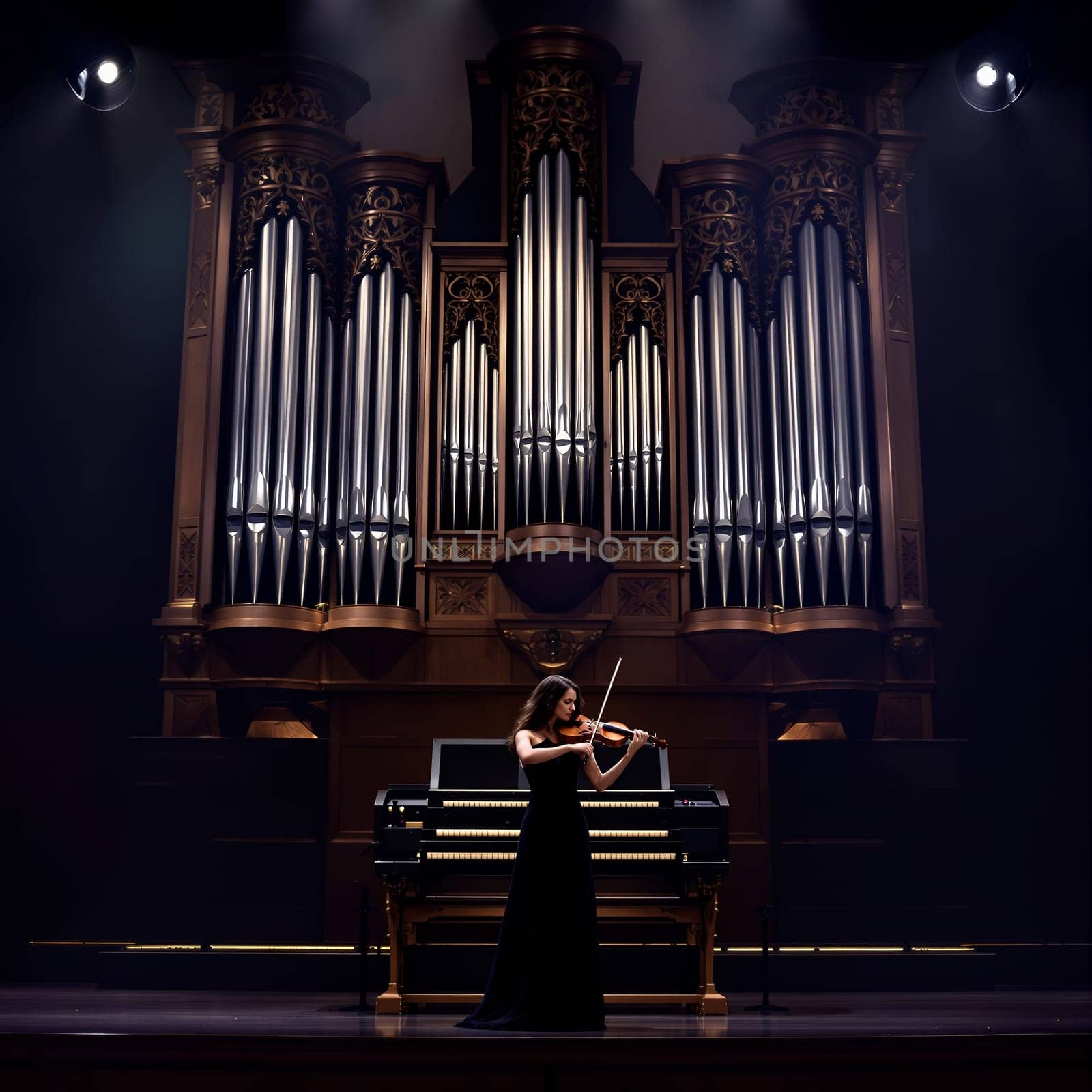 A violinist in a black gown performs on stage before a majestic pipe organ under dramatic spotlights.