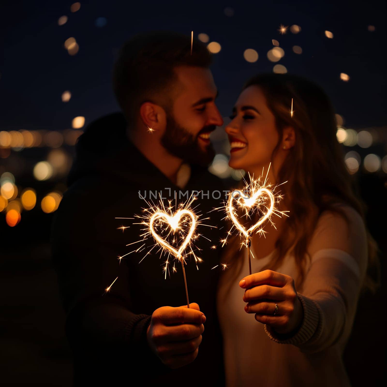 A smiling couple holds glowing heart shaped sparklers, celebrating love under a romantic night sky with city lights in the background.
