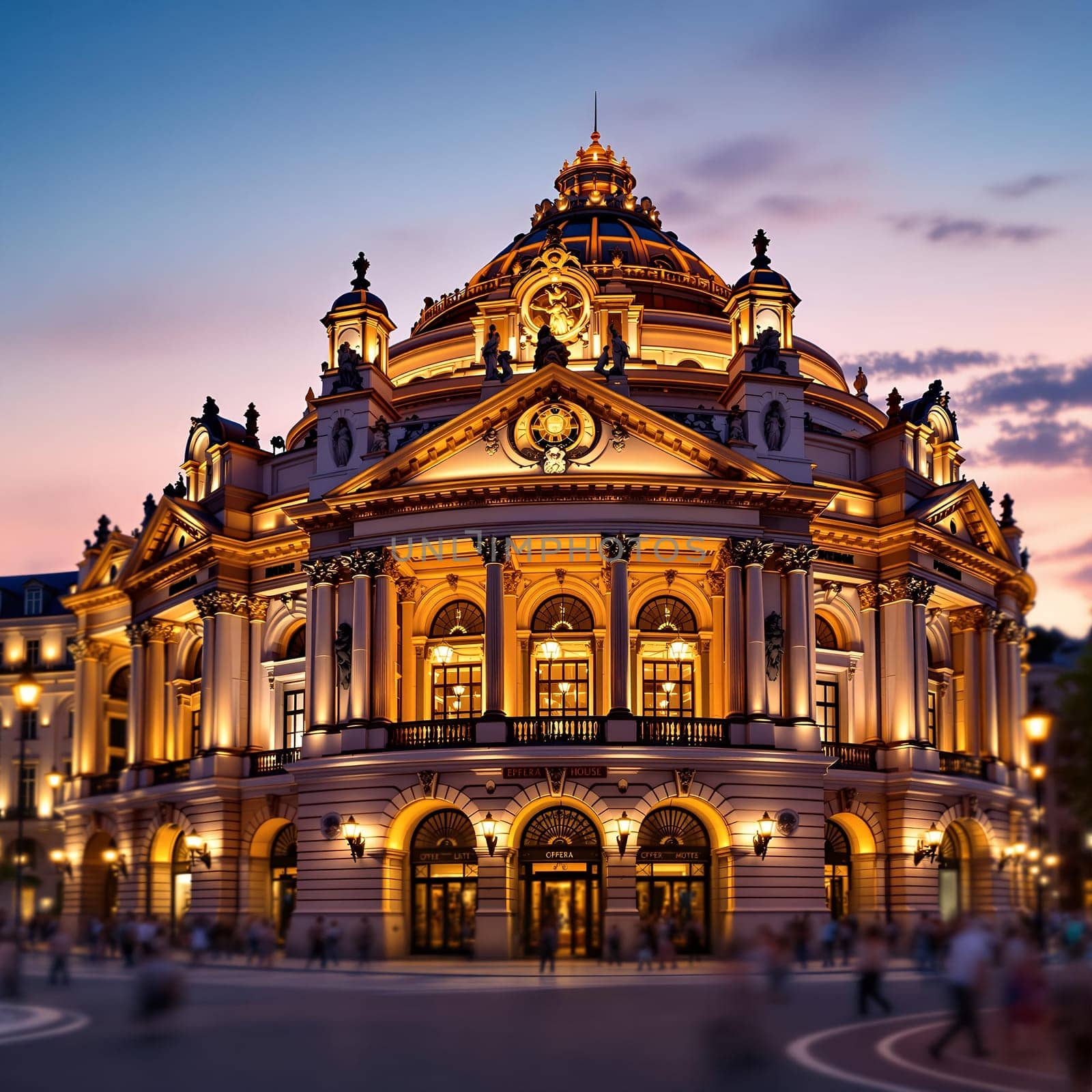 A majestic opera house illuminated at dusk, featuring intricate architecture and warm golden lights.