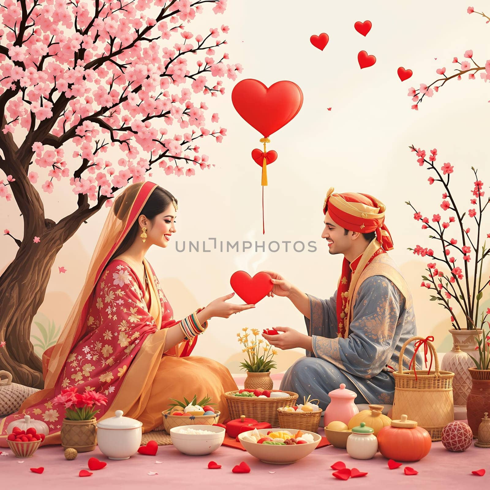 A couple in traditional attire exchanging hearts in a romantic cultural setting surrounded by cherry blossoms and festive decorations.