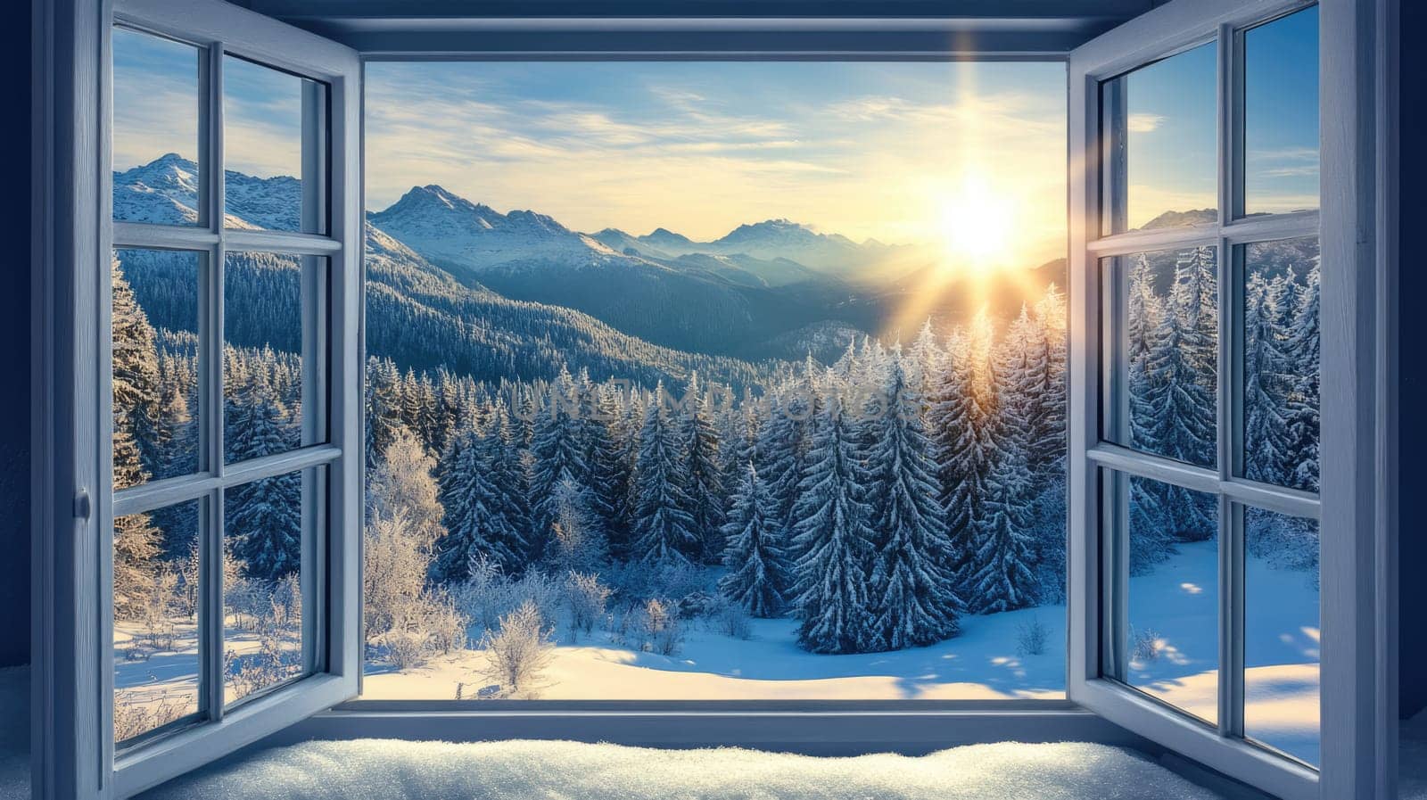 Beautiful serene view of the winter mountains and forest through an open wooden window. Snowy landscape on a sunny day.