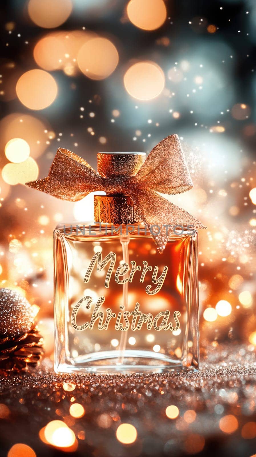 Transparent perfume bottle with Merry Christmas text and a bow on golden bokeh background with copy space. New Year gift.