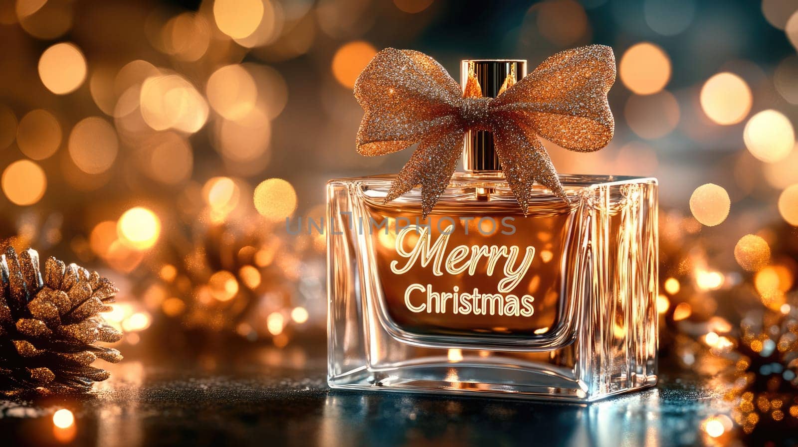 Transparent perfume bottle with Merry Christmas text and a bow on golden bokeh background with copy space. New Year gift.