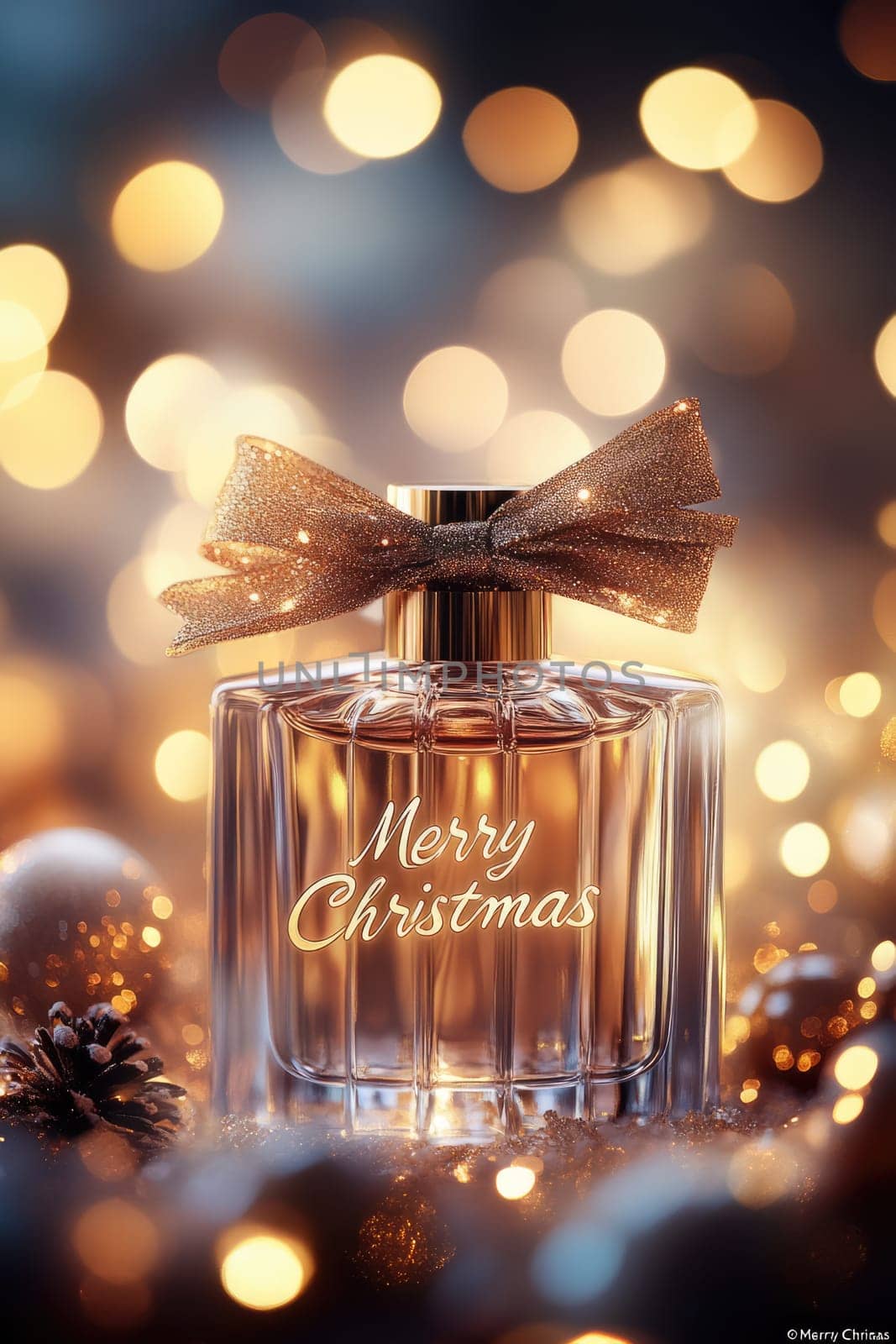 Transparent perfume bottle with Merry Christmas text and a bow on golden bokeh background with copy space. New Year gift.