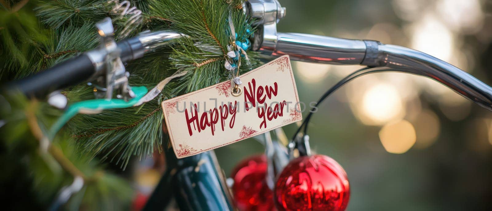 A bicycle adorned with festive decorations for the holiday season features a tag wishing happy new year among pine and ornaments.