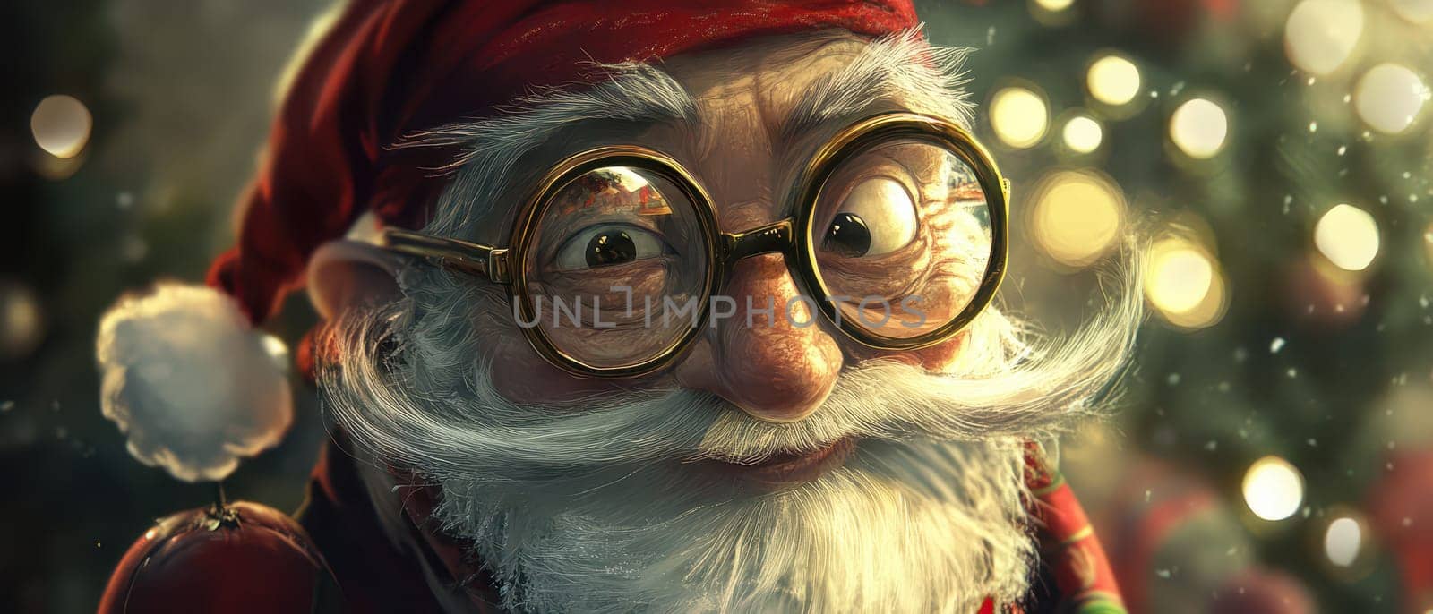 Santa spreads holiday cheer with a joyous smile near a decorated Christmas tree filled with colorful lights and ornaments.