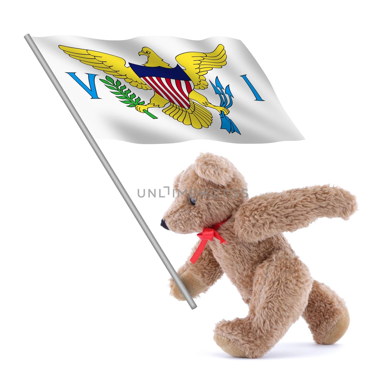 A US Virgin Islands flag being carried by a cute teddy bear