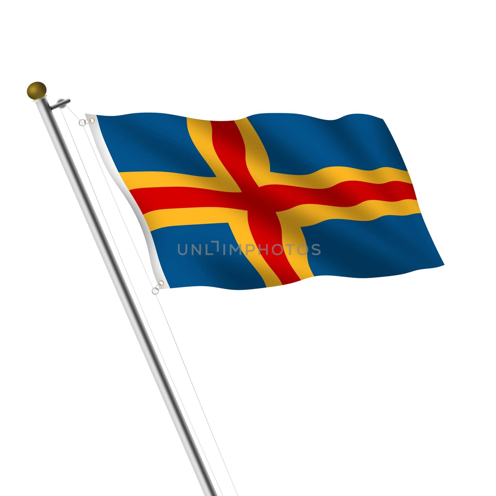 An Aland Islands flagpole 3d illustration on white with clipping path