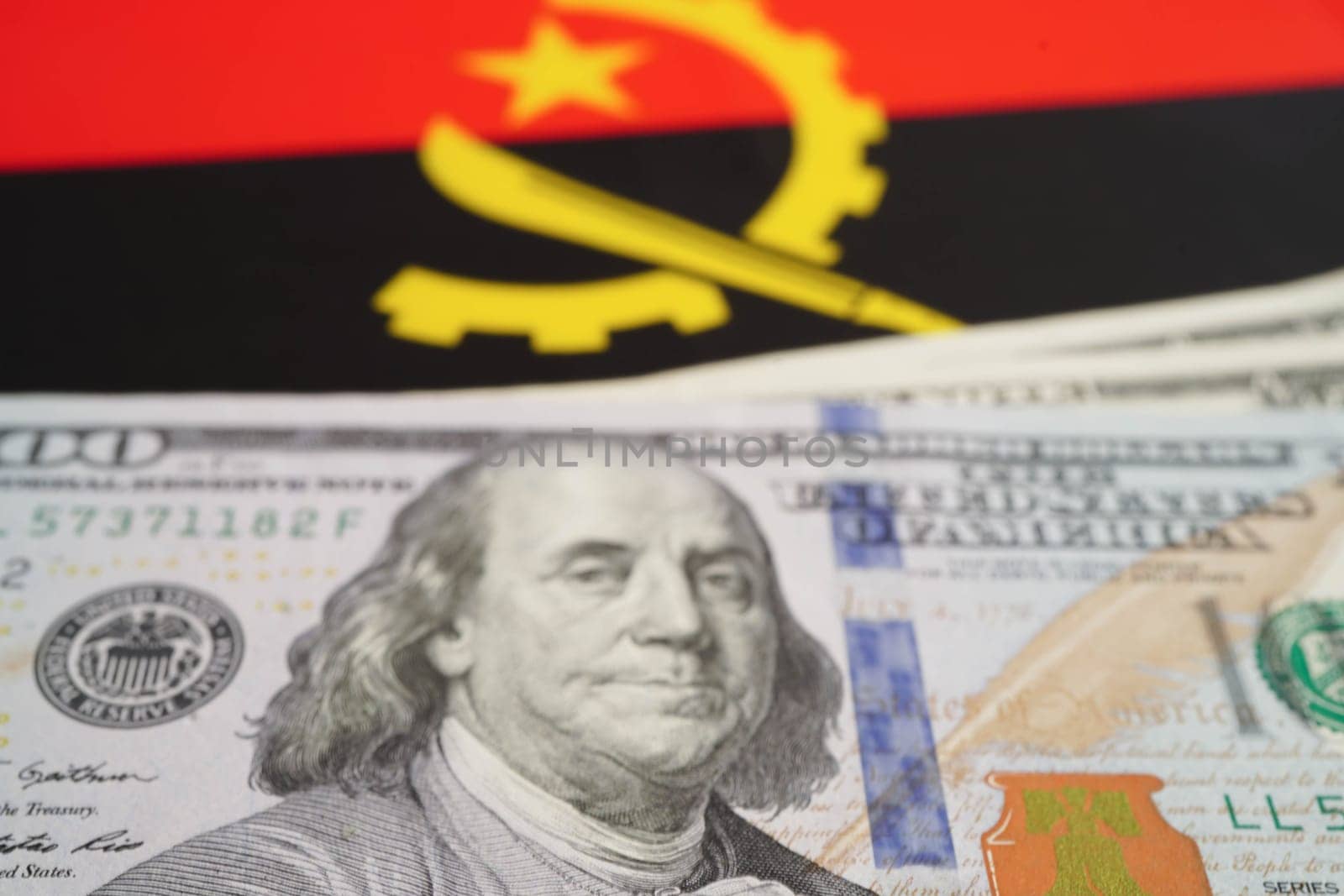 Angla flag with US dollar banknote, finance banking.