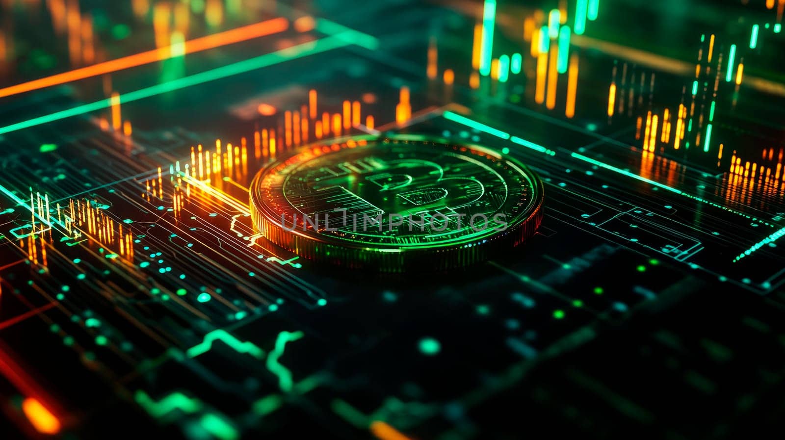 Bitcoin lying on digital technology background with elements like stock market computer charts. AI generated