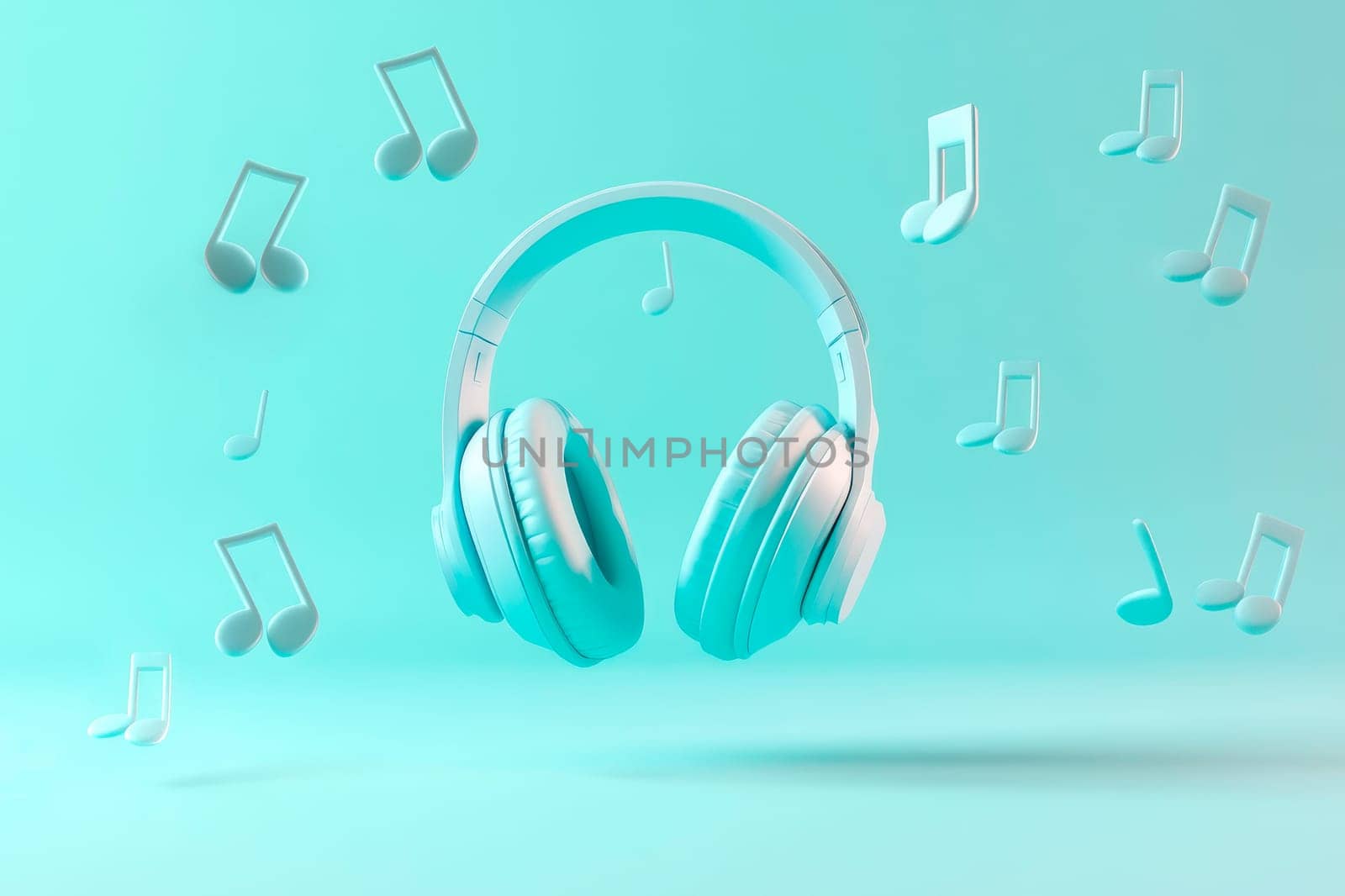 Headphones with music notes flying on light blue background. AI generated