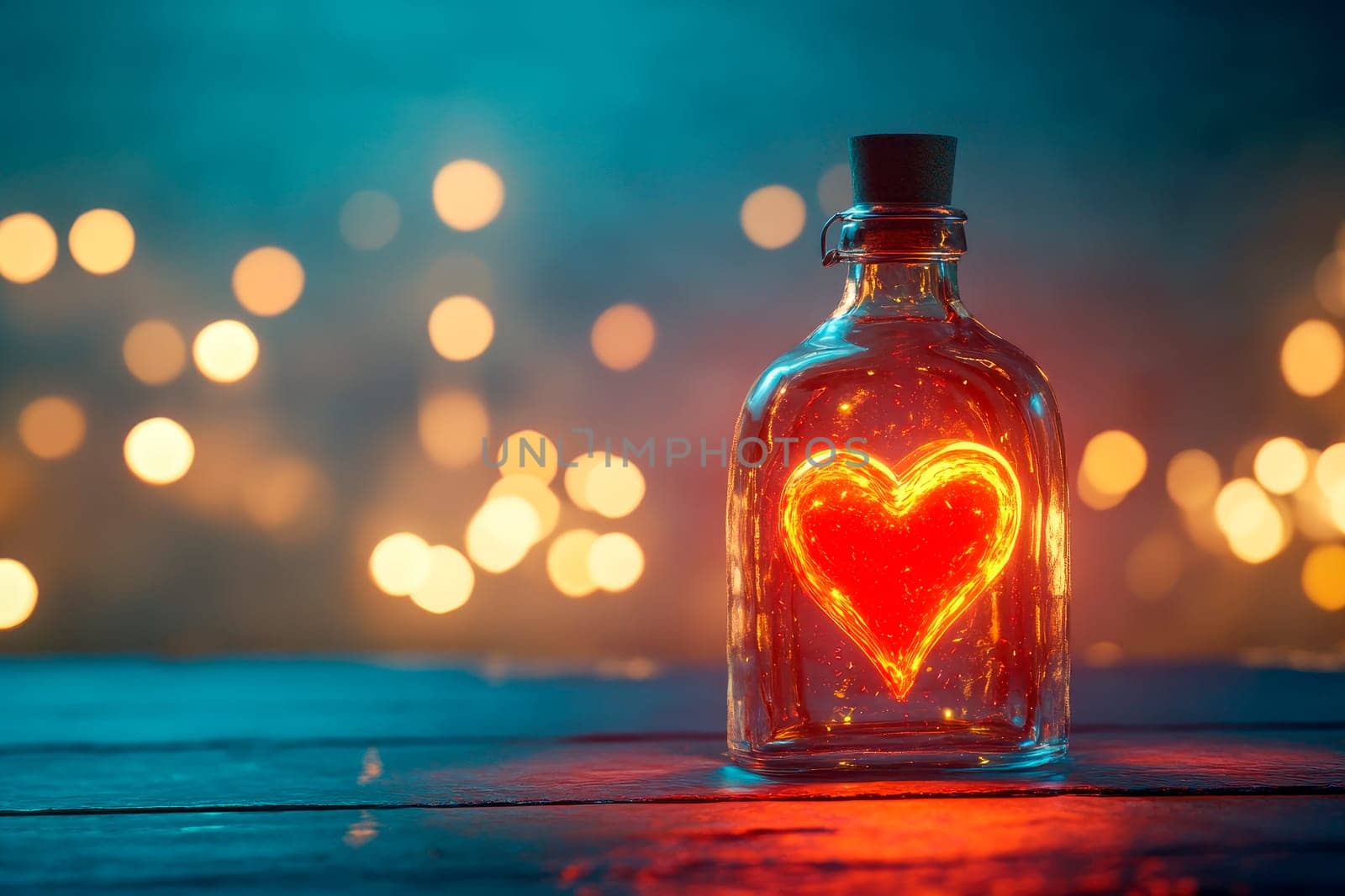 Romantic bottle design with a heart inside, set against the twinkling lights. AI generated