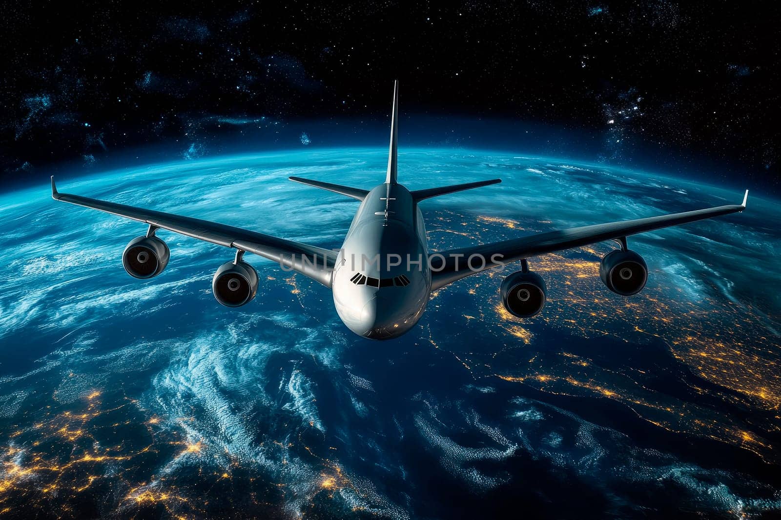 Abstract image of an airplane flying over the earth. Travel concept. AI generated