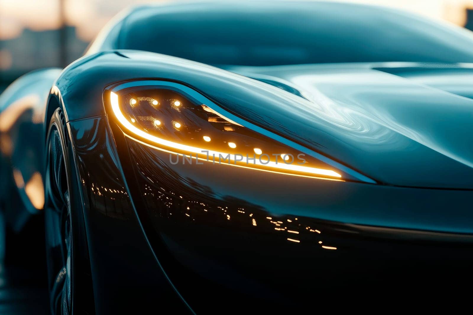 Headlight of modern sleek car, close-up view. AI generated