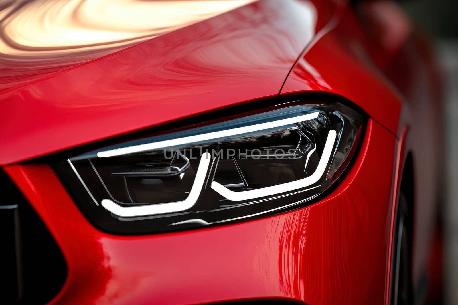 Headlight of modern red car, close-up view. AI generated