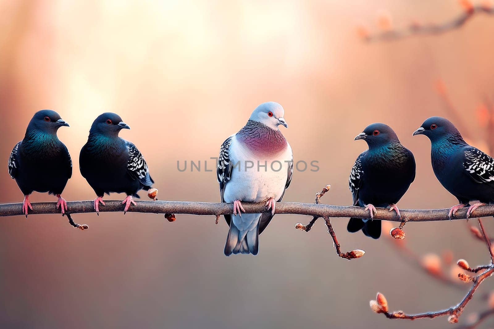 Homing pigeons, also known as postal pigeons sitting on a tree branch. AI generated