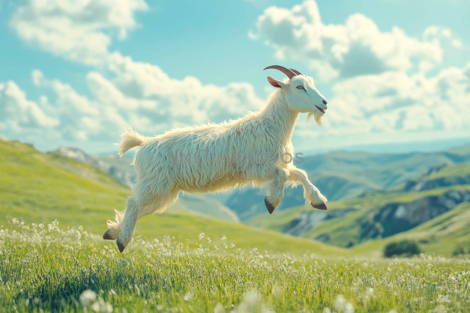 A happy goat jumping on a beautiful pasture at green hills. AI generated