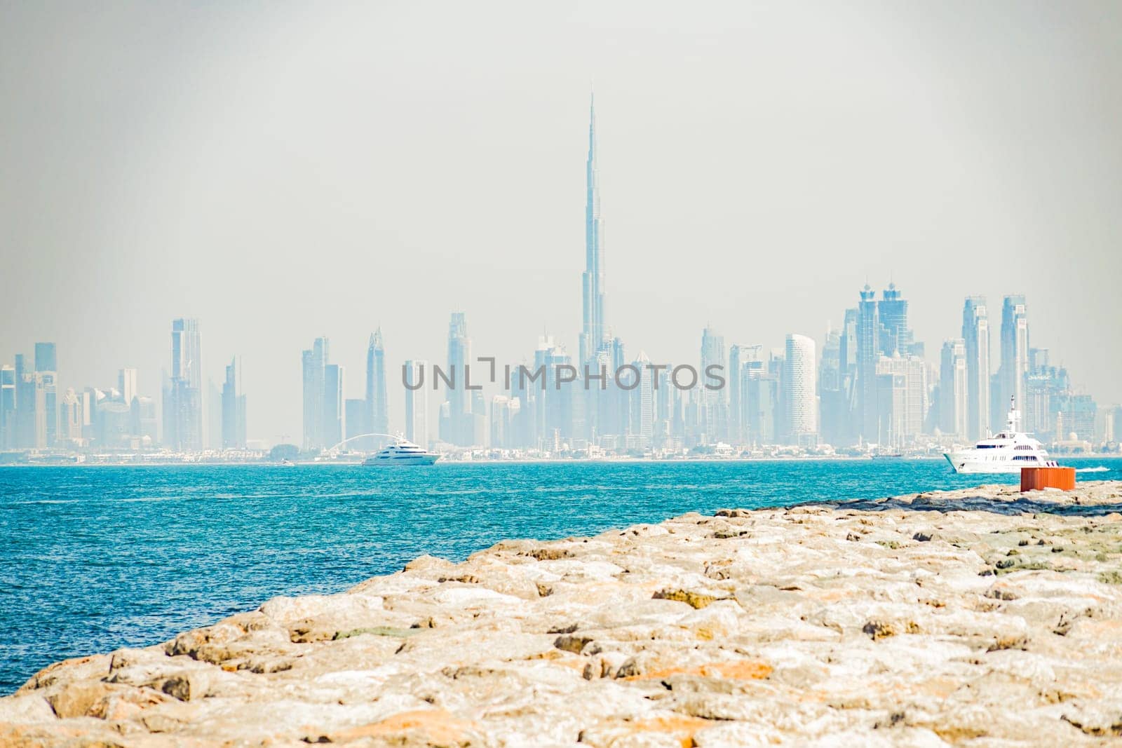 Dubais skyscrapers and ships from Palm Jumera. Shooting Location: Dubai