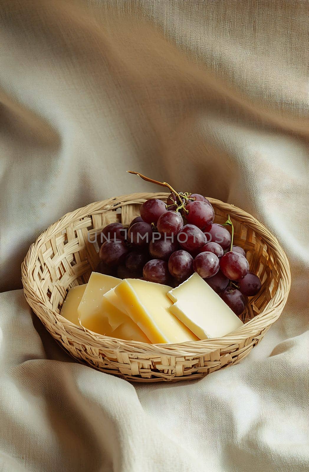 A woven basket holds slices of cheese alongside fresh purple grapes on a soft cloth background, creating a delightful snack arrangement.