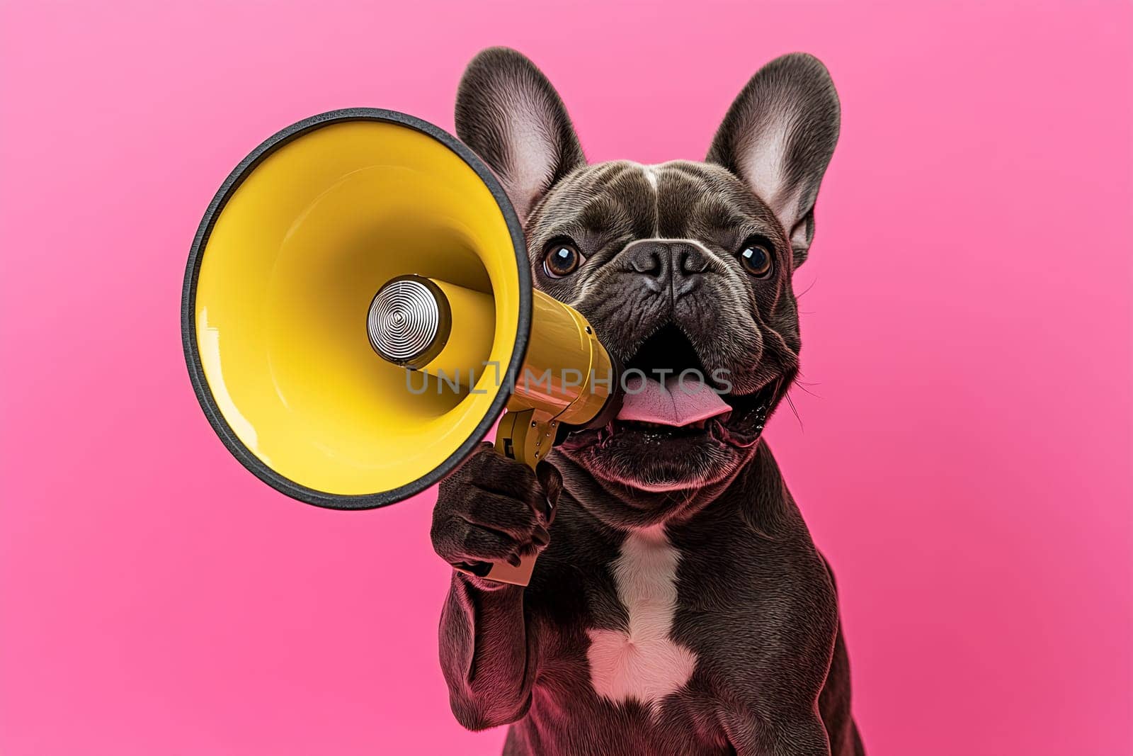 A playful dog holds a yellow megaphone, seemingly ready to make an announcement against a vibrant pink background.