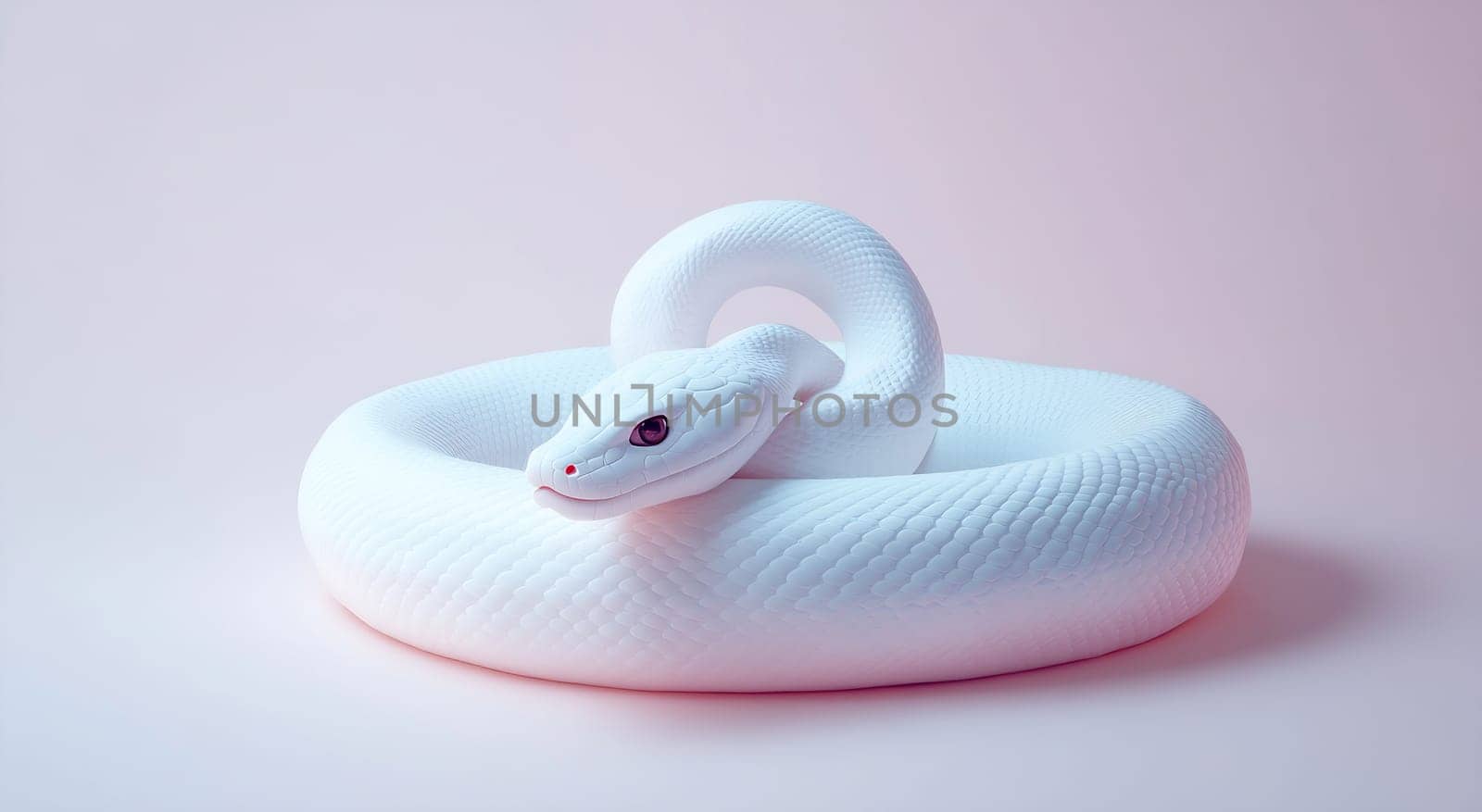 A white snake coils gently on a smooth surface, displaying its unique texture and calm demeanor in soft light.