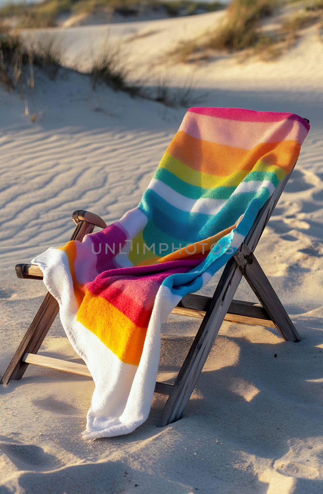 A striped towel drapes over a wooden beach chair resting on soft, golden sand near the ocean during sunset.