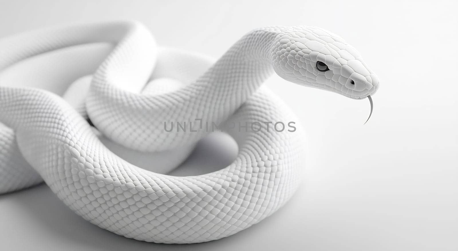 A close view of a white snake, displaying its smooth scales and intricate patterns, set against a light background.