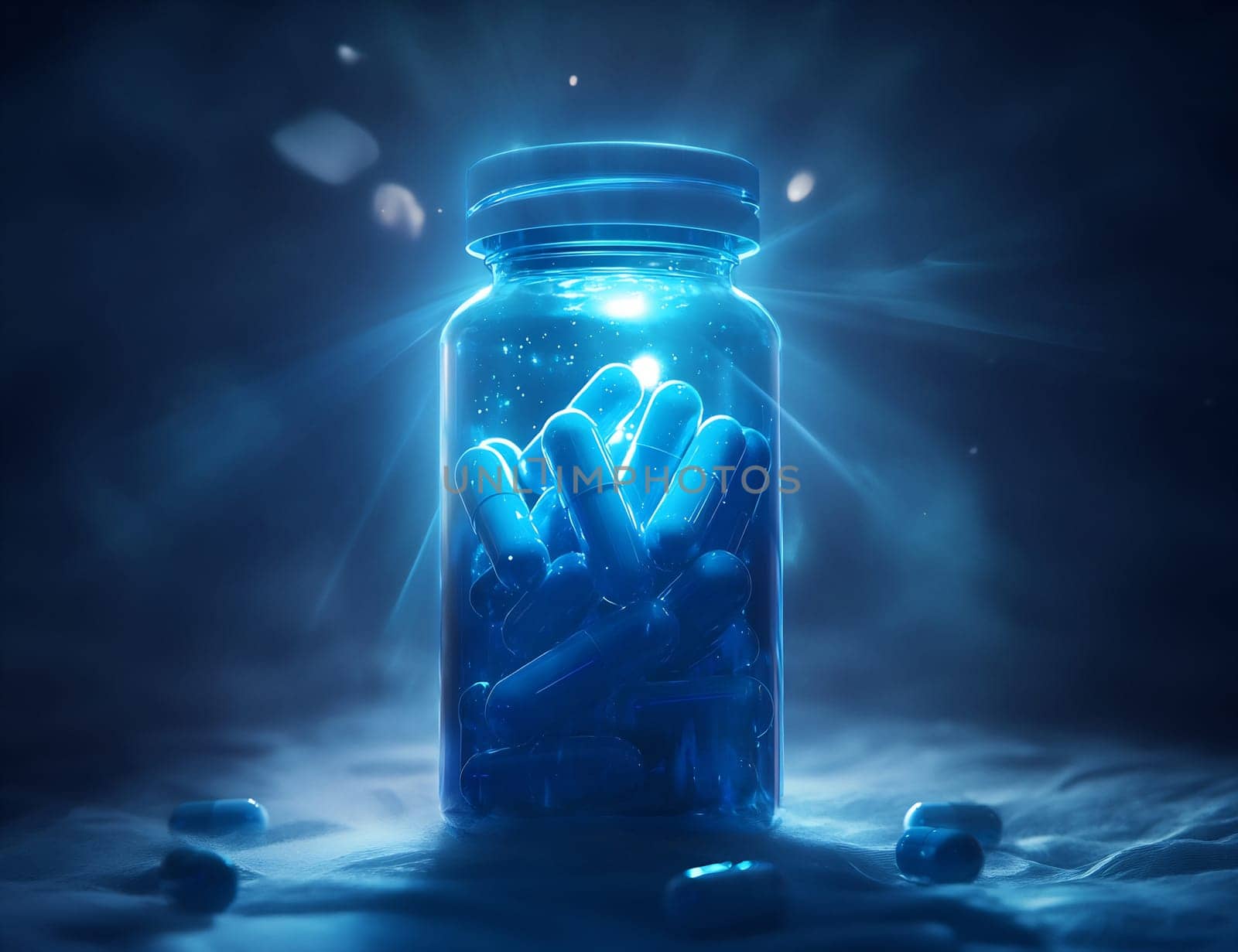 A glass jar filled with bright blue capsules is illuminated from within, casting a mystical glow in a dark setting.