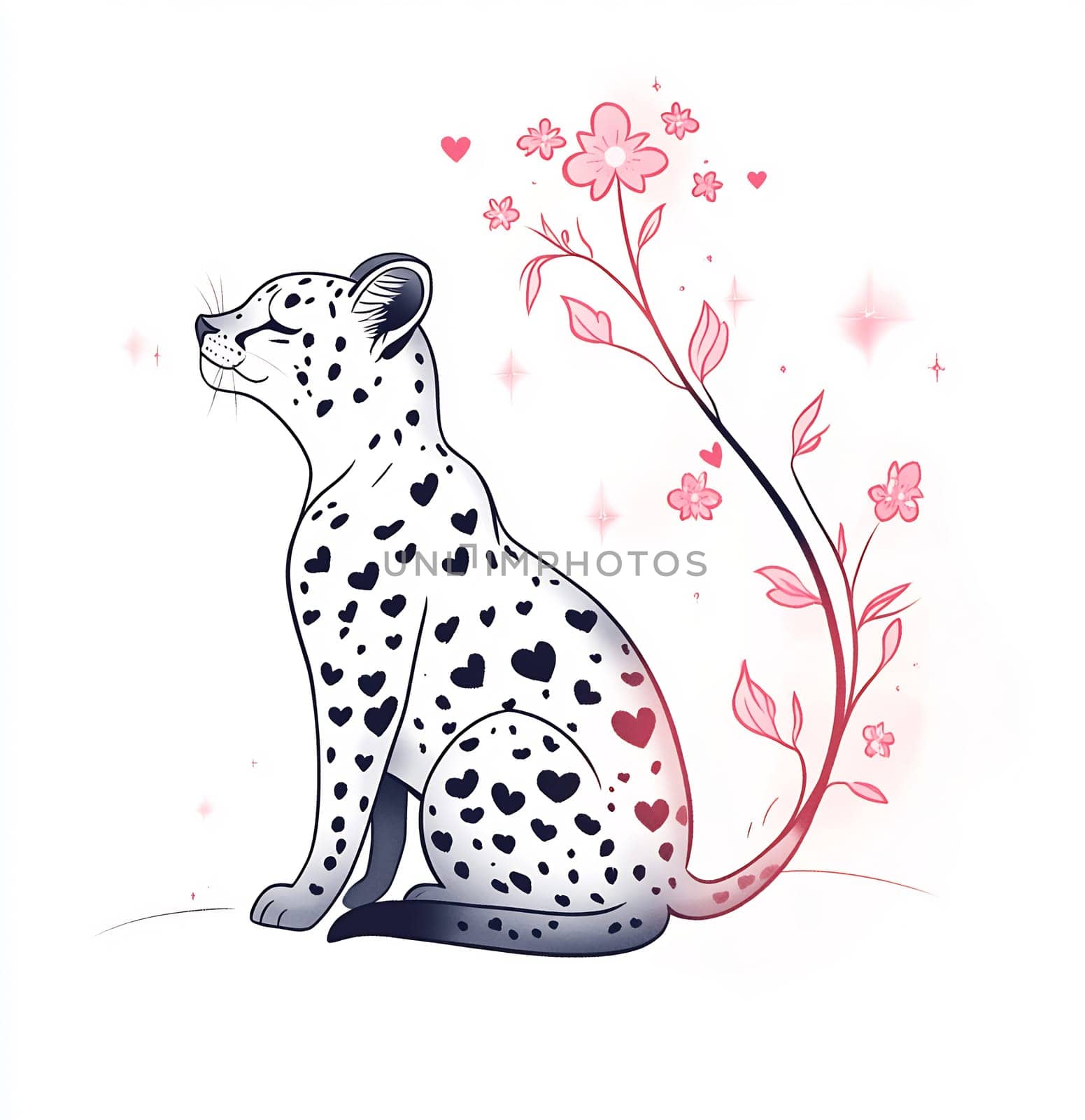 A graceful leopard sits calmly, adorned with heart patterns, surrounded by delicate pink flowers and a whimsical tail design.
