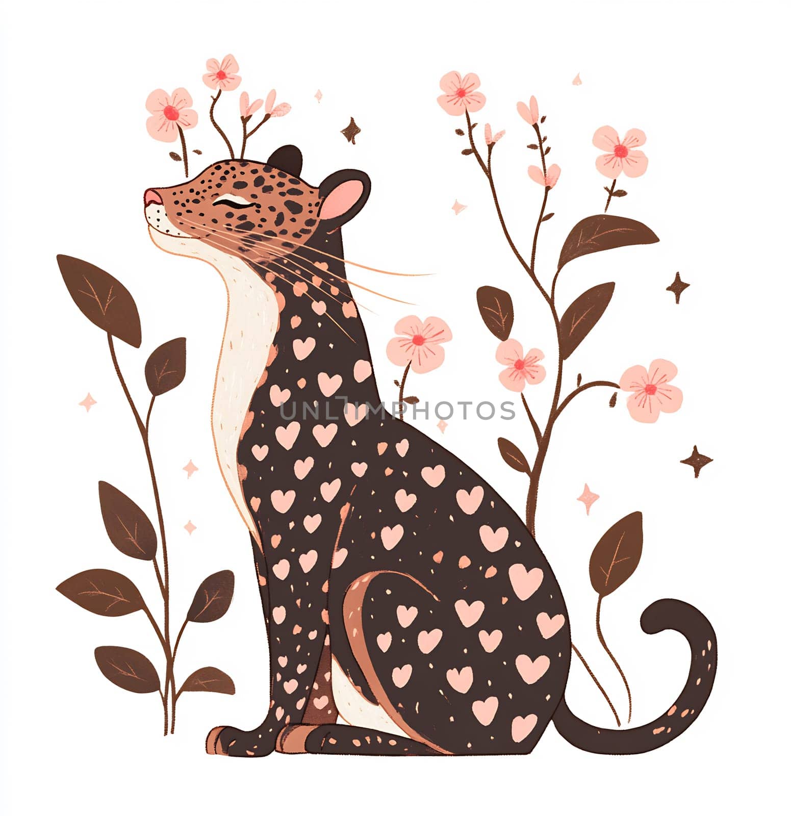 A leopard sits gracefully among blooming flowers, showcasing a unique pattern of hearts on its fur in a whimsical artistic style.