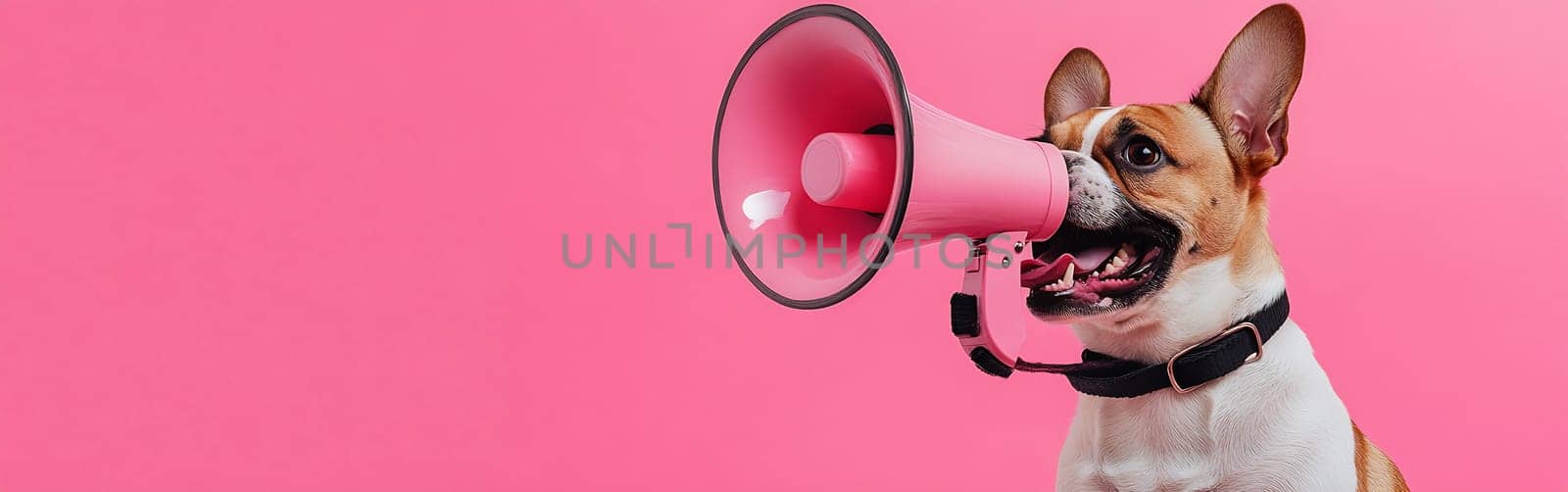 A playful dog is holding a pink megaphone in its mouth, set against a bright pink background, creating a whimsical atmosphere.