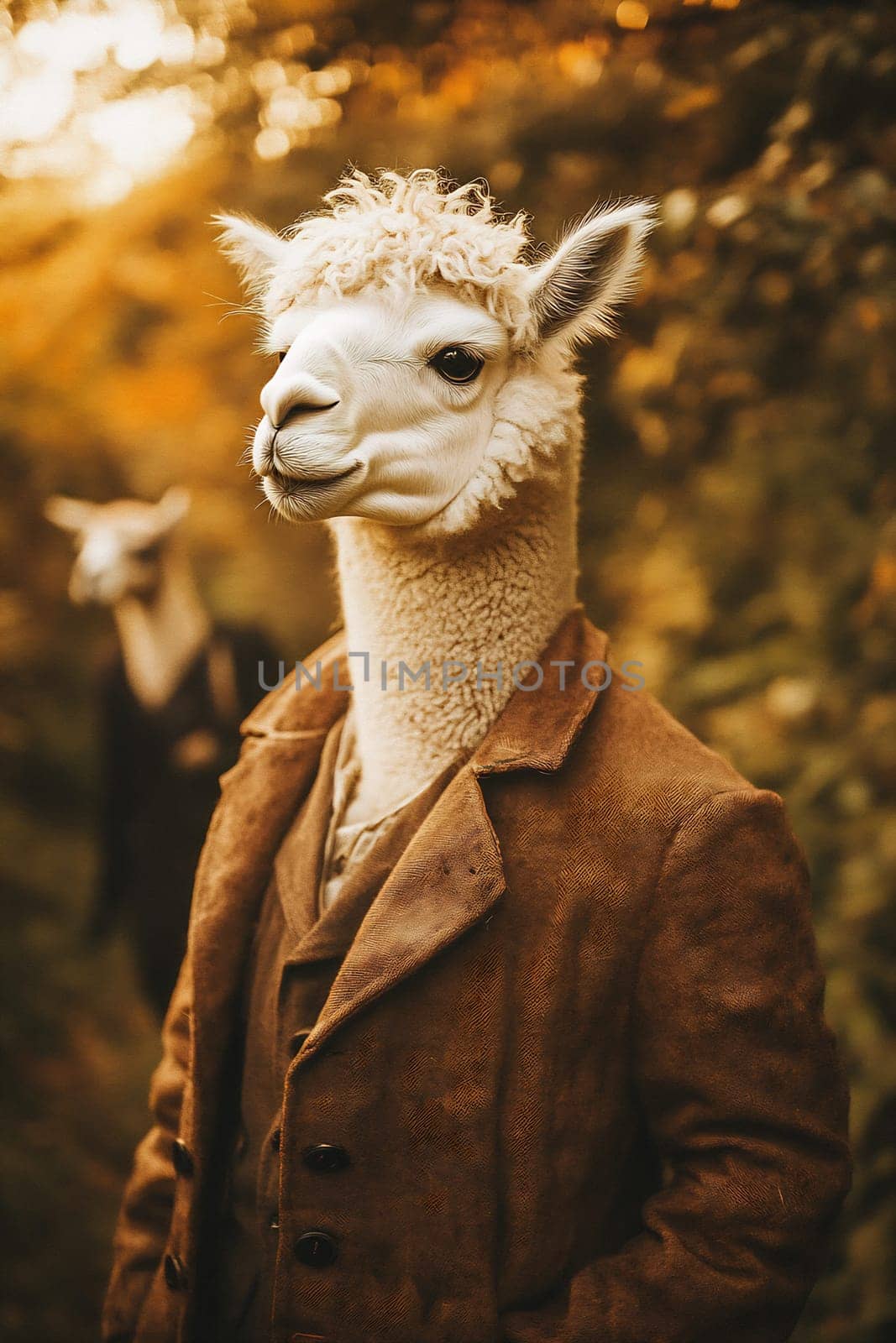 Two llamas dressed in vintage clothing walk through a forest during autumn, capturing the playful atmosphere of the season.