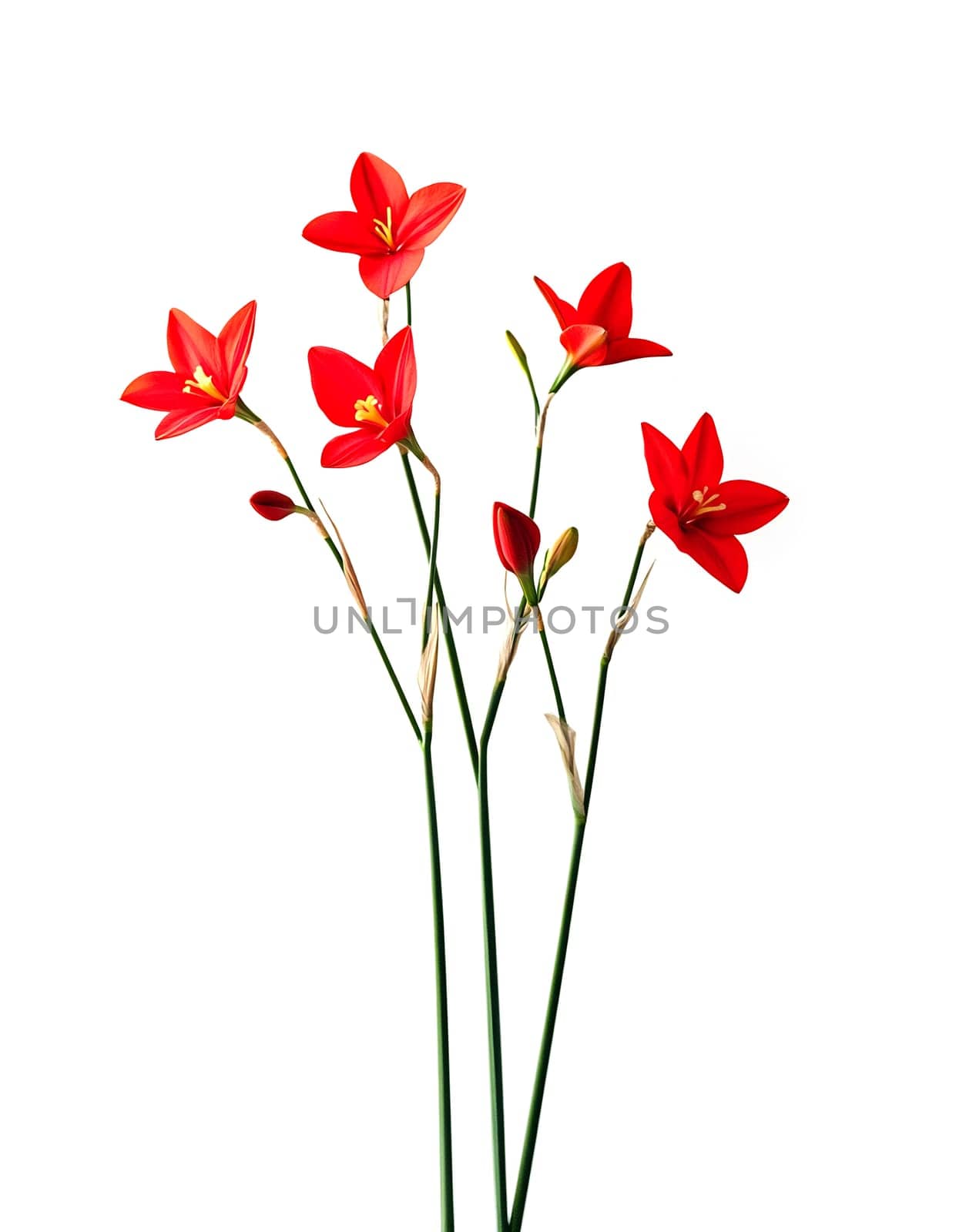 Vibrant red flowers stand tall in a slender vase, showcasing their delicate petals and green stems against a bright background.