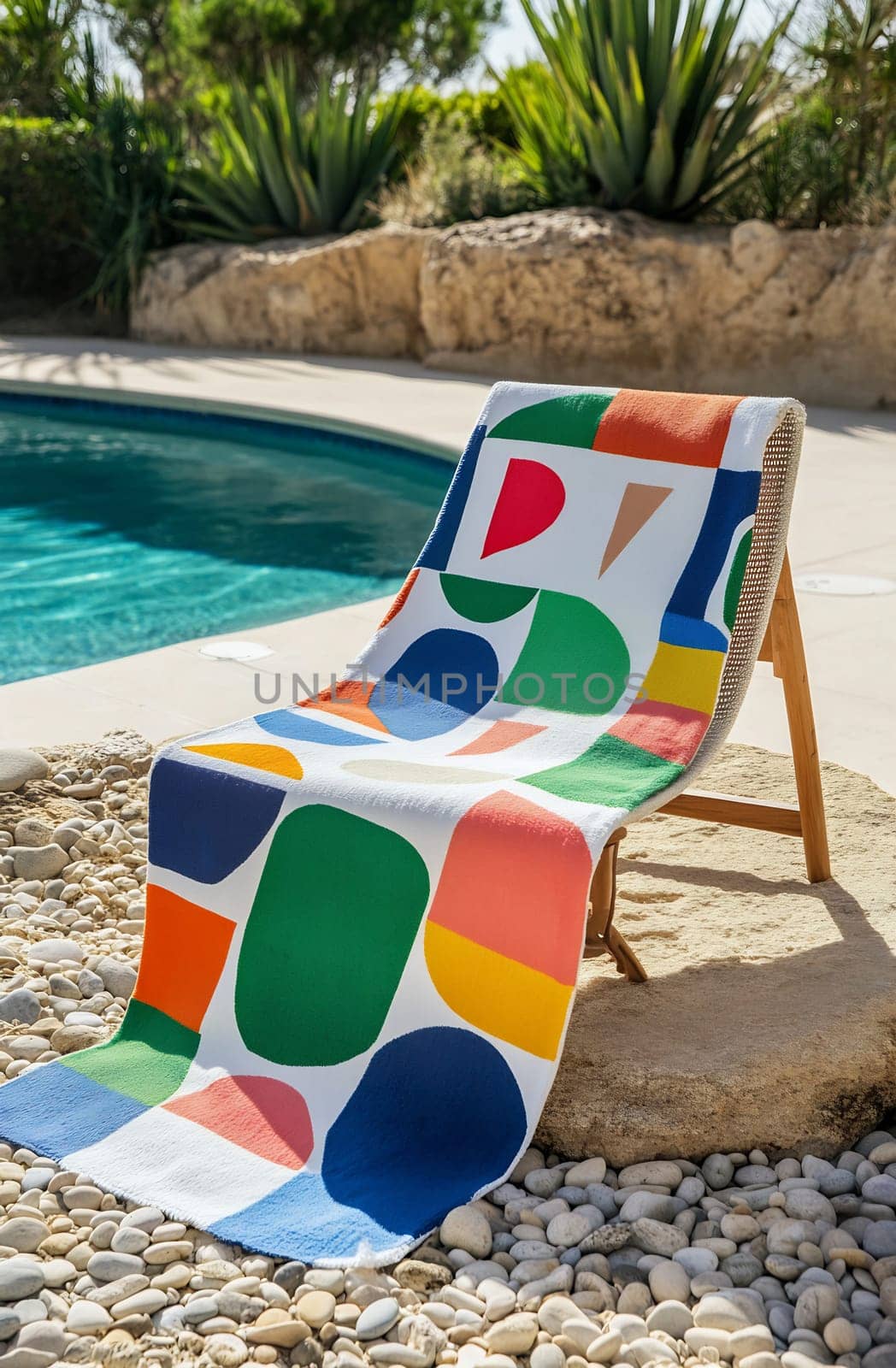A vibrant lounge chair draped with a colorful cover rests beside a swimming pool, surrounded by decorative stones and lush greenery.