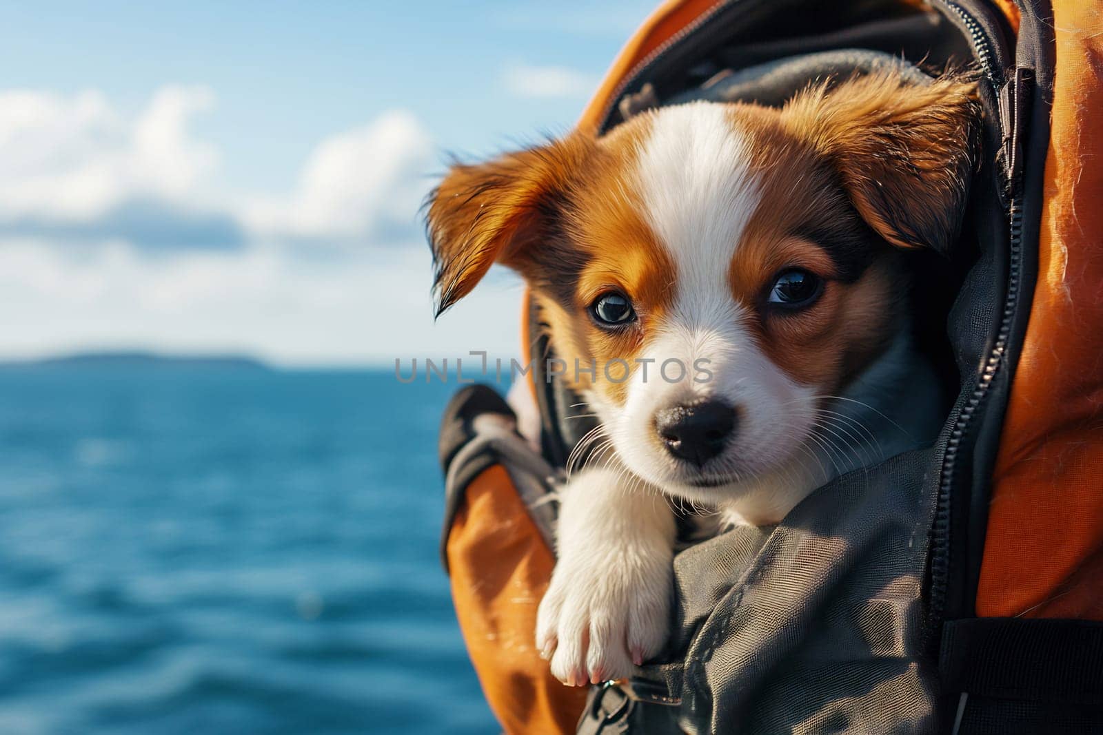 A small puppy peeks from a backpack as its owner enjoys a boat ride on a sunny day by the water, creating a joyful moment.