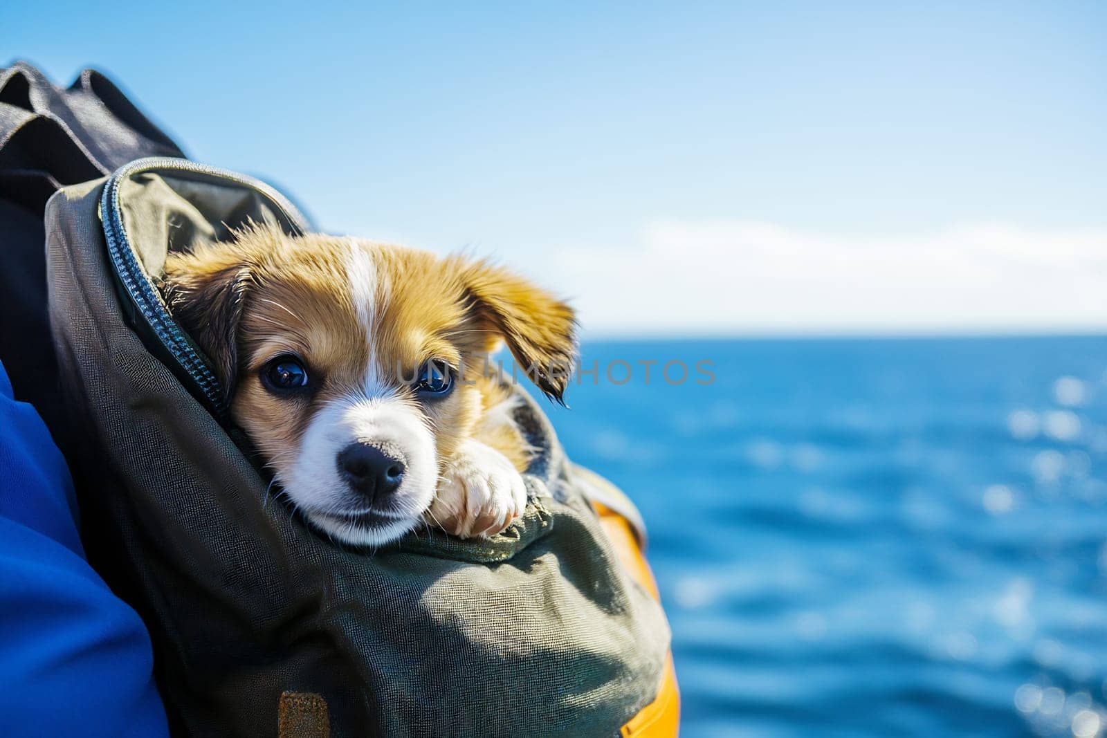 A small puppy relaxes in a bag while taking in the ocean breeze during a bright, sunny day on the water.